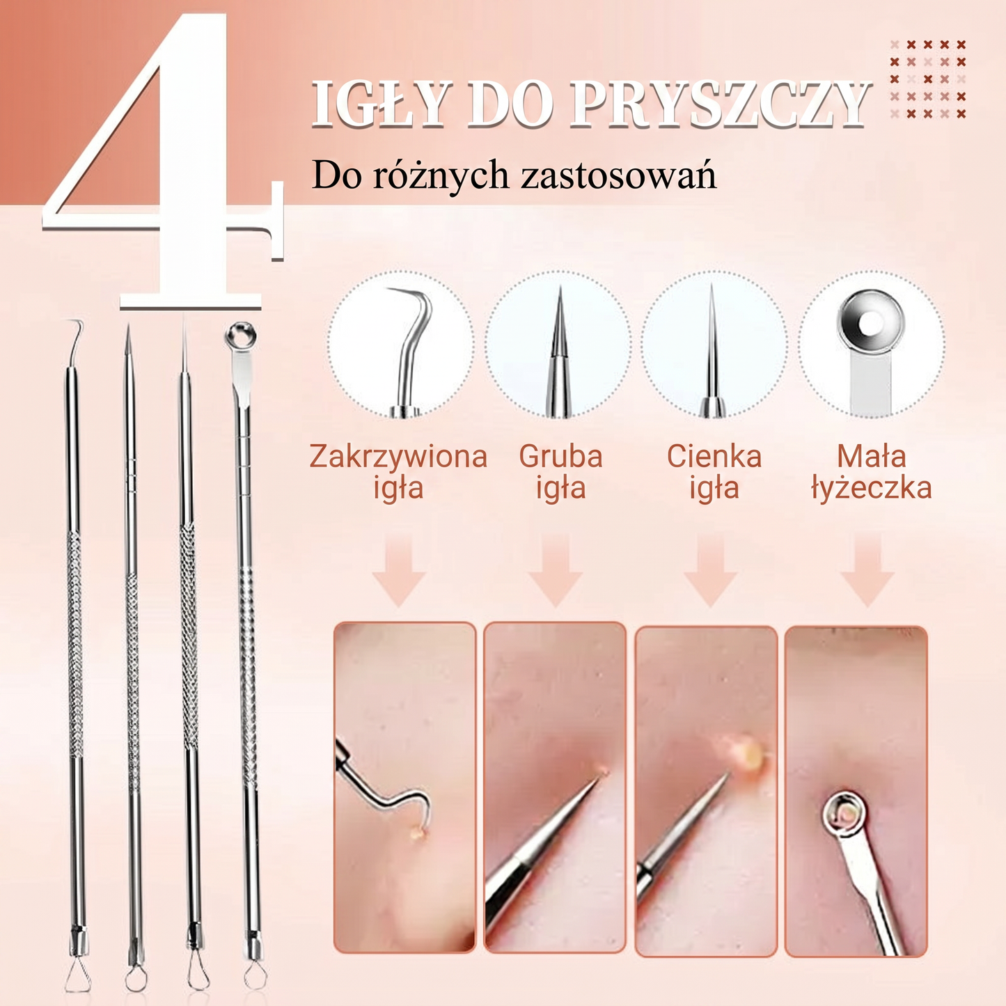 Zestaw narzędzi ze stali nierdzewnej do usuwania zaskórników